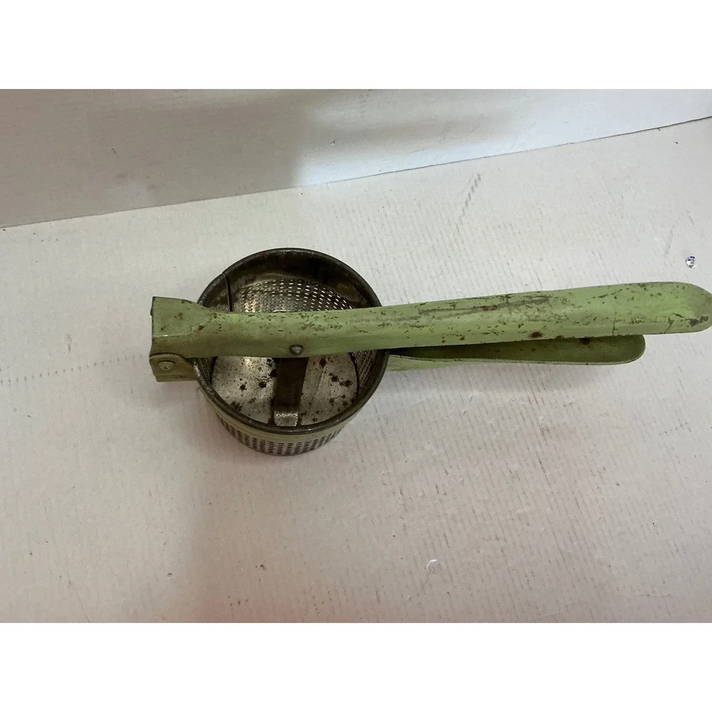 Vintage Potato Ricer Green Metal Hand Press Fruit Masher Farmhouse